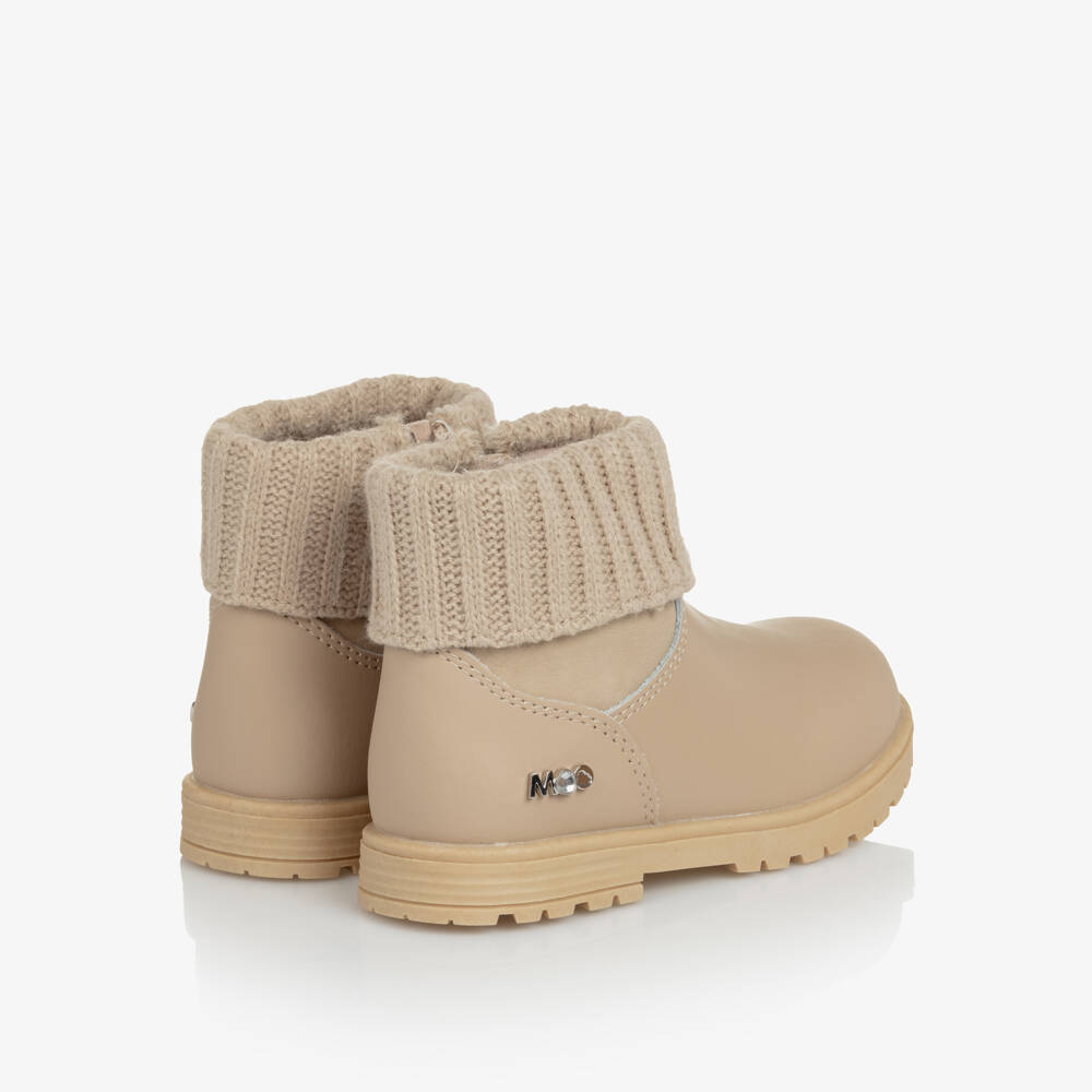 Mayoral-Girls Beige Leather Ankle Boots with Ribbed Knit Trim | Childrensalon Outlet