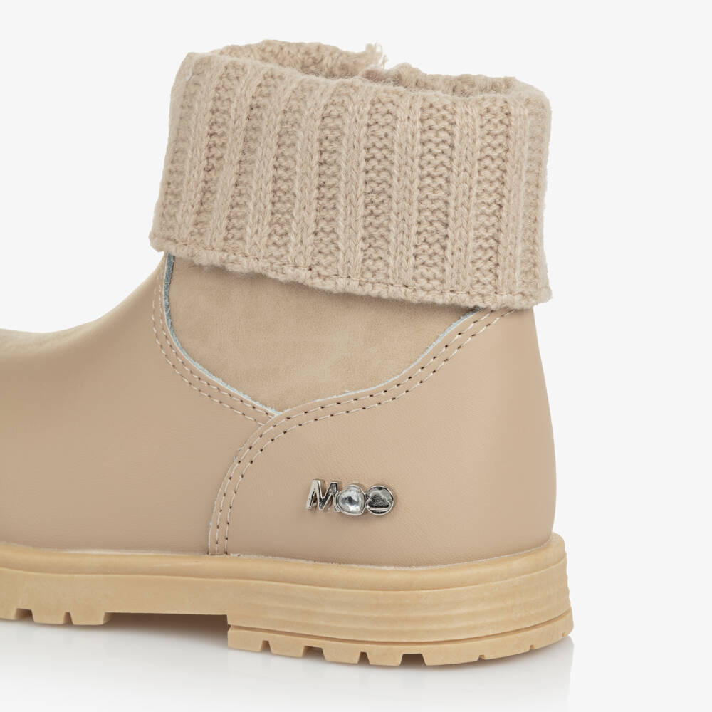 Mayoral-Girls Beige Leather Ankle Boots with Ribbed Knit Trim | Childrensalon Outlet