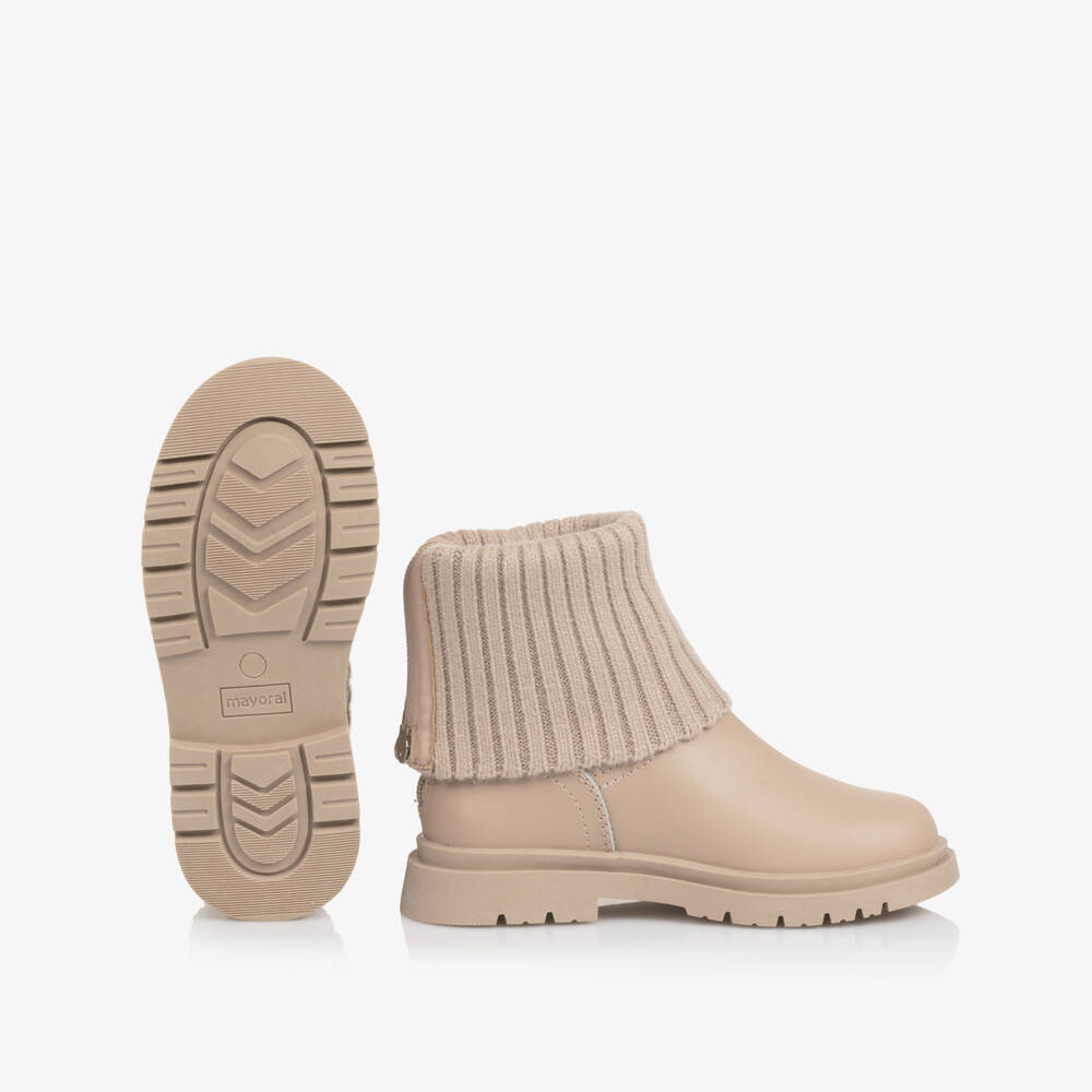 Mayoral-Girls Beige Leather & Rib Knit Cuff Boots | Childrensalon Outlet