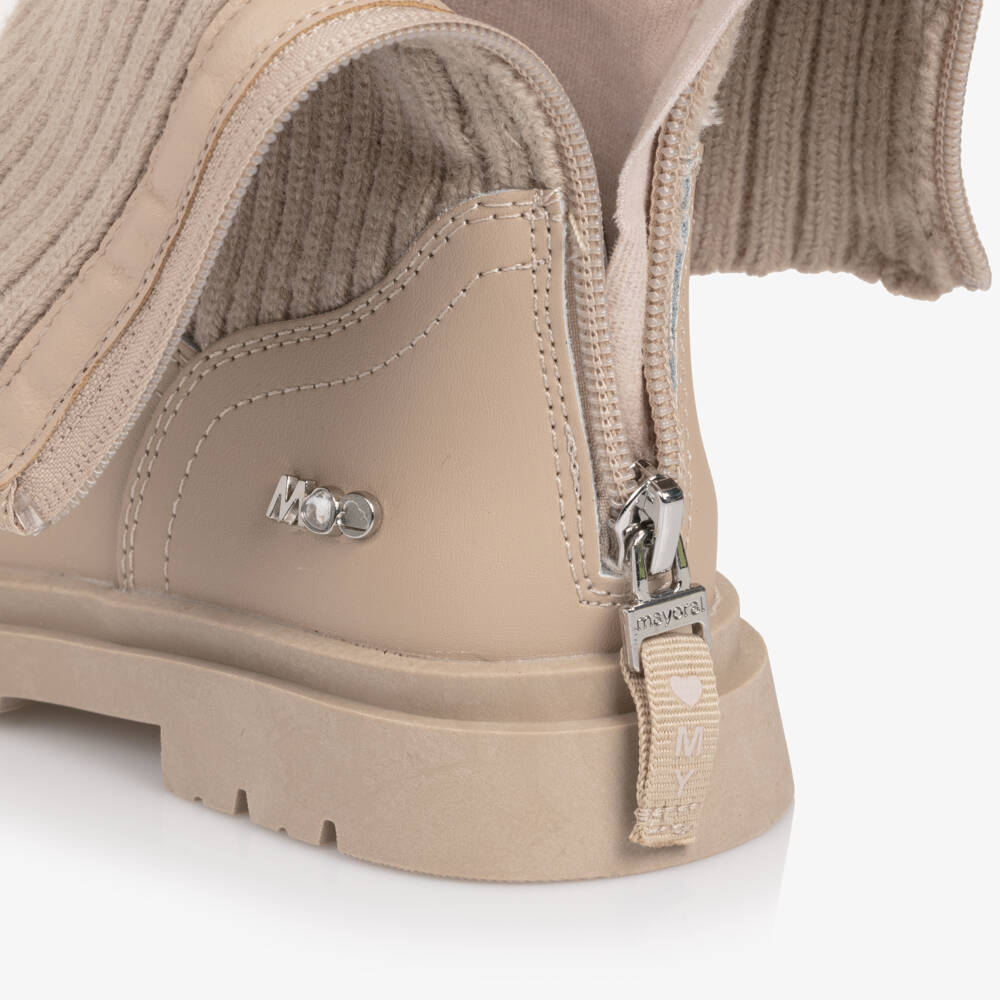 Mayoral-Girls Beige Leather & Rib Knit Cuff Boots | Childrensalon Outlet