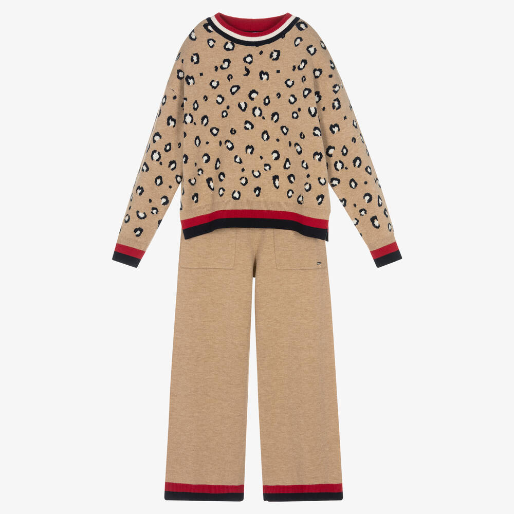 Mayoral - Girls Beige Leopard Knitted Trouser Set | Childrensalon