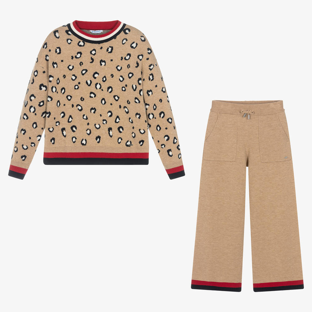 Mayoral-Бежевый трикотажный топ с леопардовым принтом и брюки | Childrensalon Outlet
