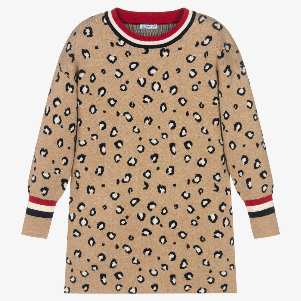 Mayoral - Girls Beige Leopard Print Knitted Dress | Childrensalon