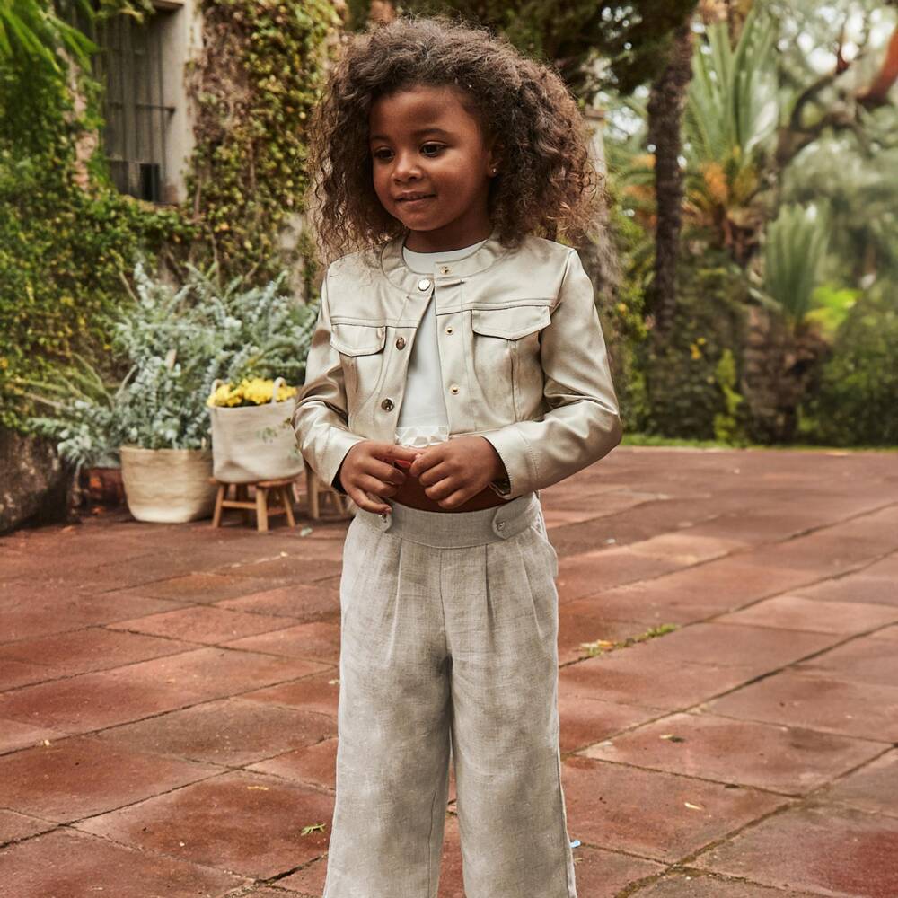 Mayoral-Girls Beige Linen-Blend Shimmer Trousers | Childrensalon Outlet
