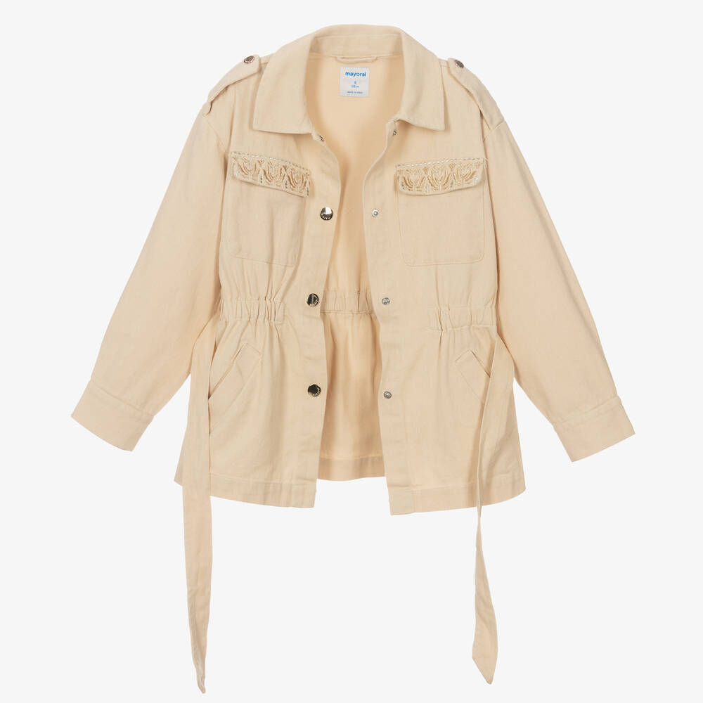 Mayoral-Girls Beige Long Denim Jacket | Childrensalon Outlet