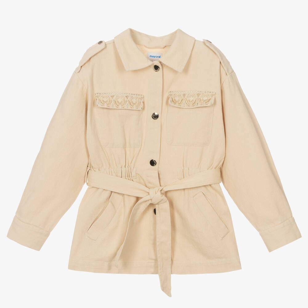 Mayoral - Girls Beige Long Denim Jacket | Childrensalon