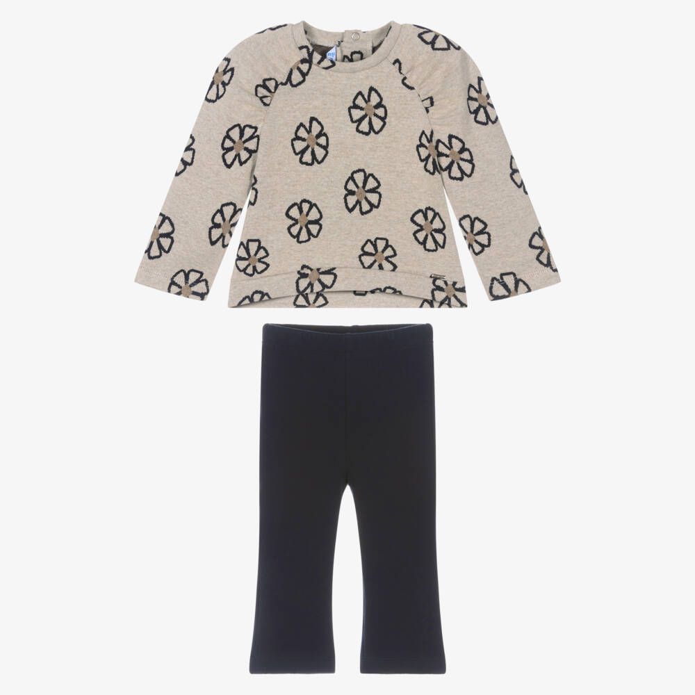 Mayoral-Girls Beige Marl & Navy Blue Leggings Set | Childrensalon Outlet
