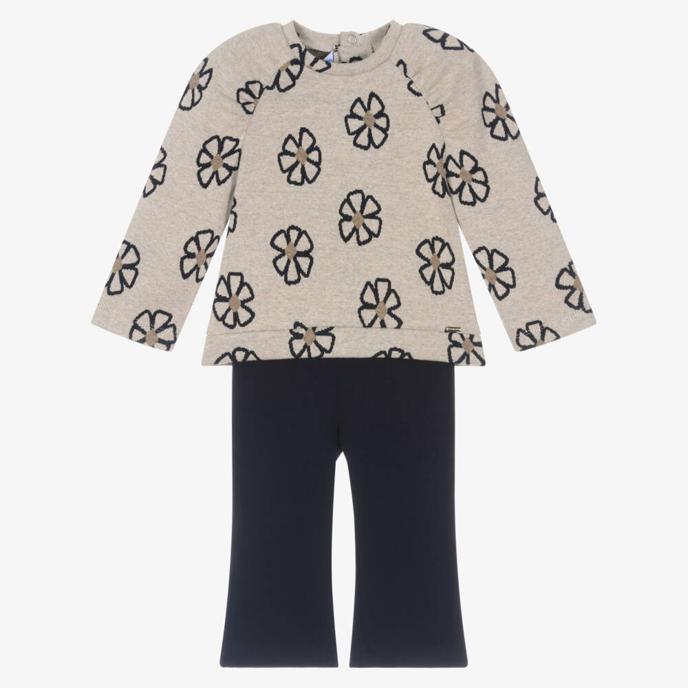 Mayoral-Girls Beige Marl & Navy Blue Leggings Set | Childrensalon Outlet