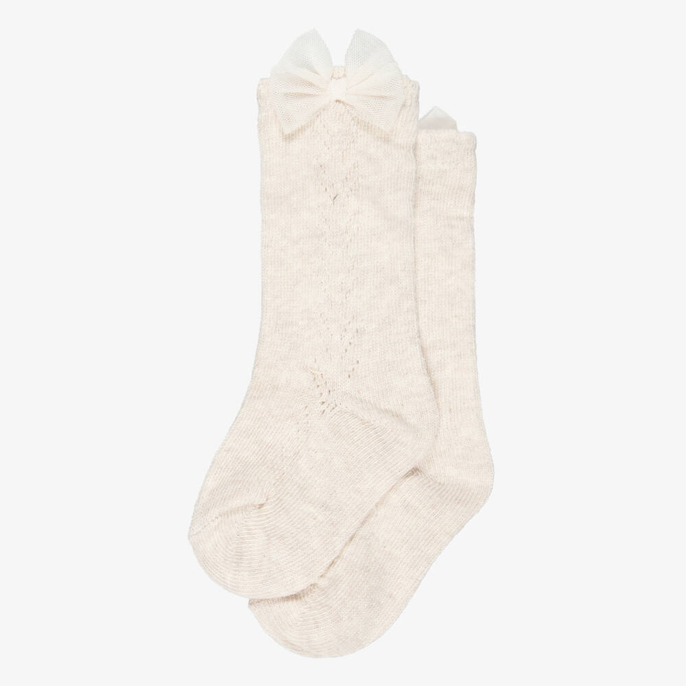 Mayoral-Girls Beige Marl Socks with Tulle Bows | Childrensalon Outlet