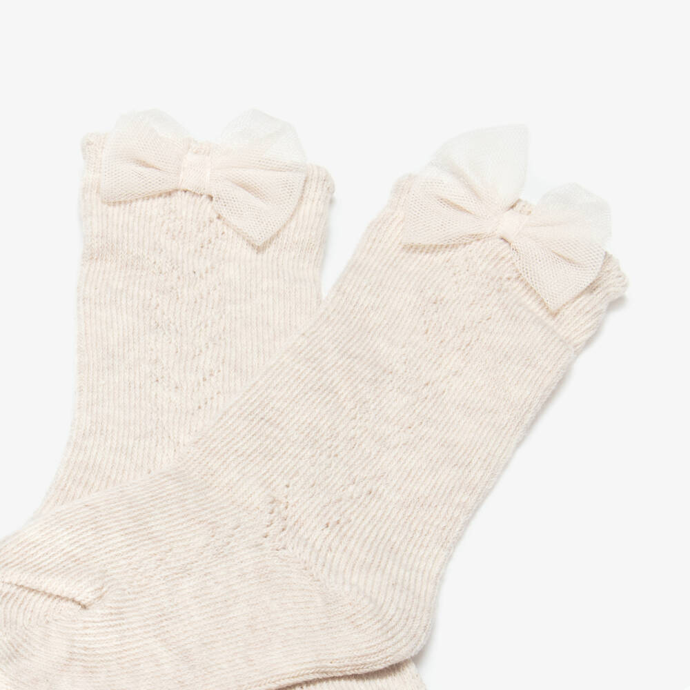 Mayoral-Girls Beige Marl Socks with Tulle Bows | Childrensalon Outlet