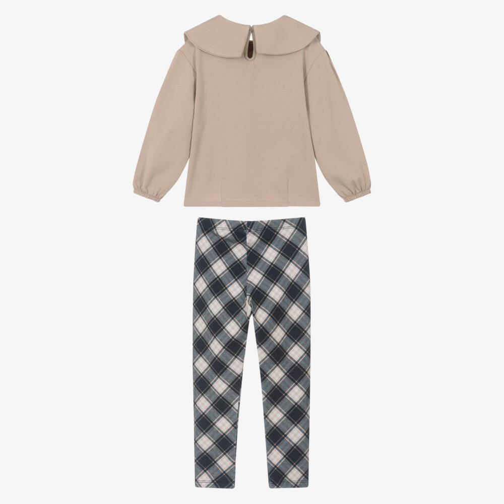 Mayoral-Girls Beige & Navy Blue Tartan Check Cotton Leggings Set | Childrensalon Outlet