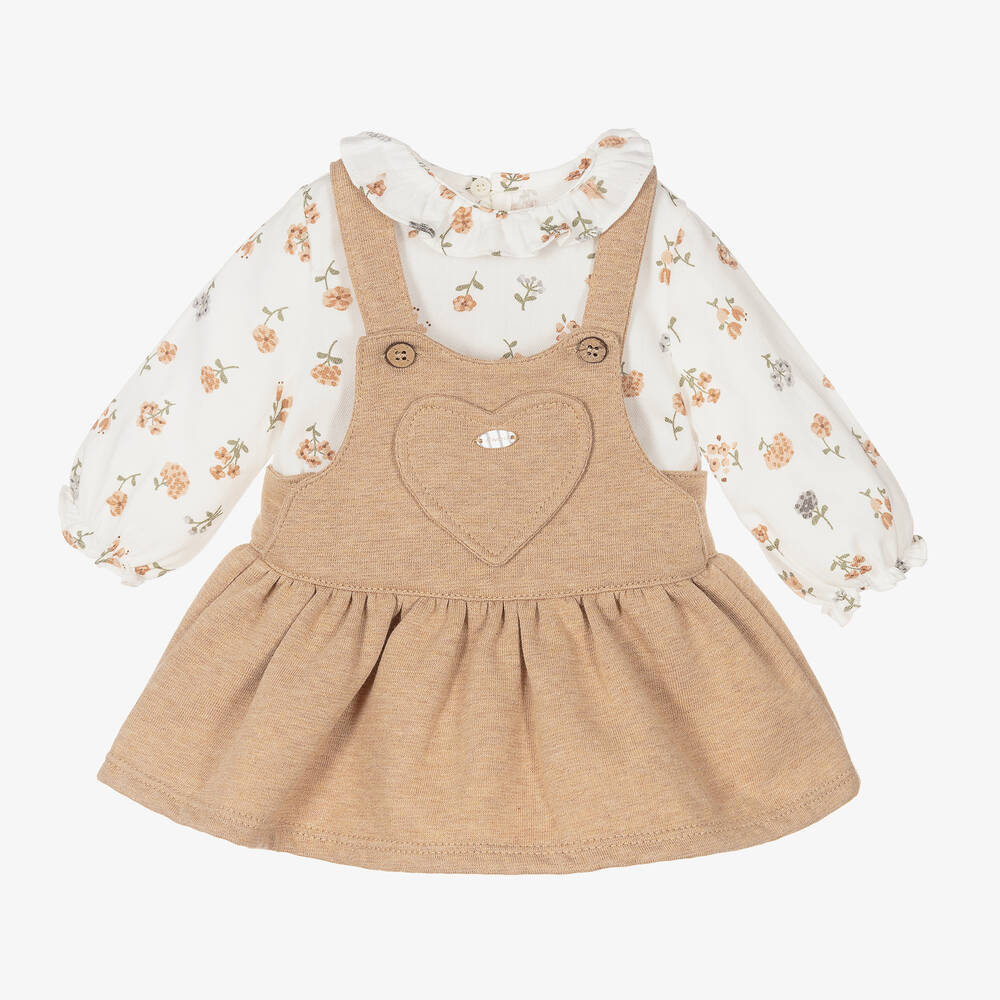 Mayoral Newborn - Girls Beige Pinafore Dress Set | Childrensalon