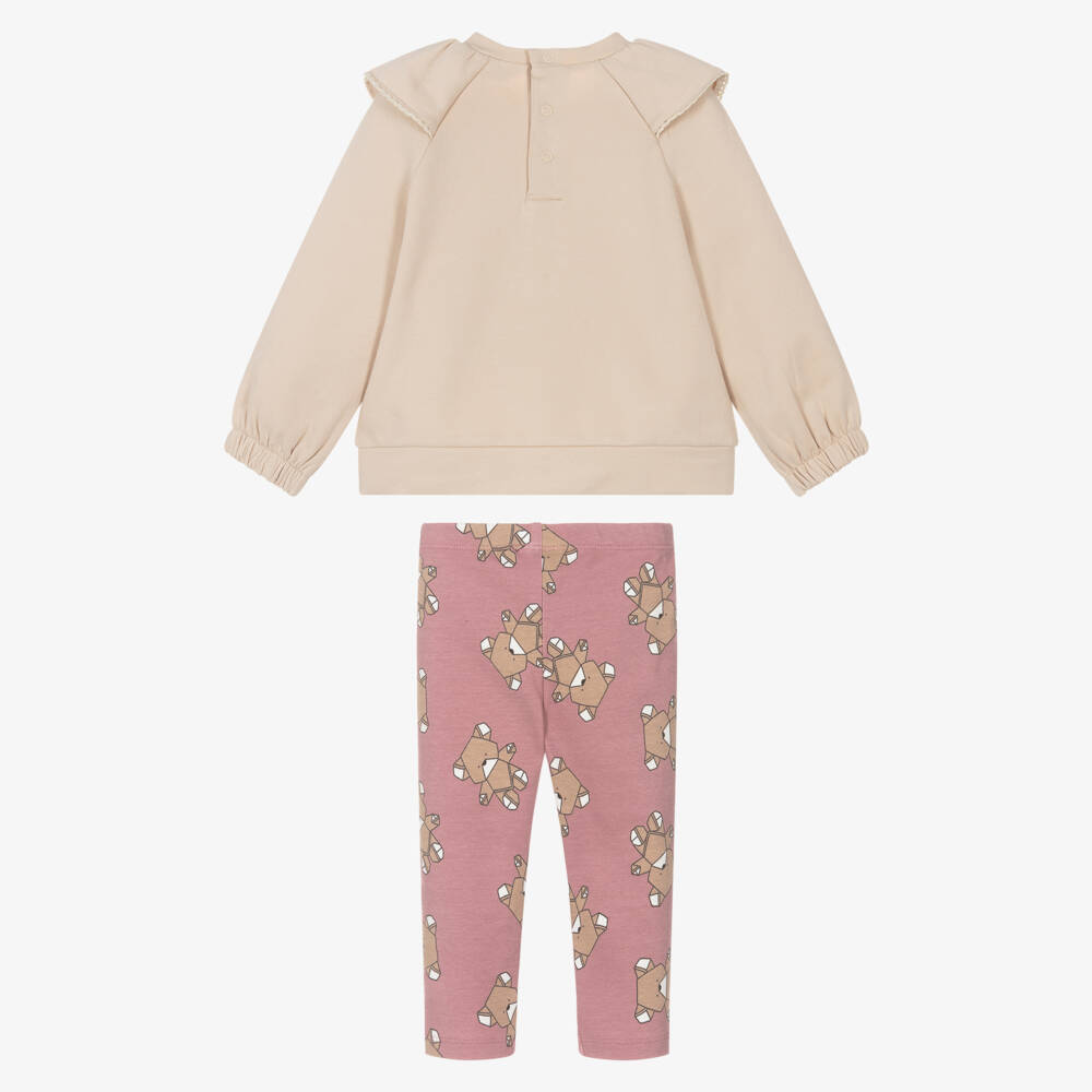 Mayoral-Girls Beige & Pink Cotton Teddy Bear Leggings Set | Childrensalon Outlet