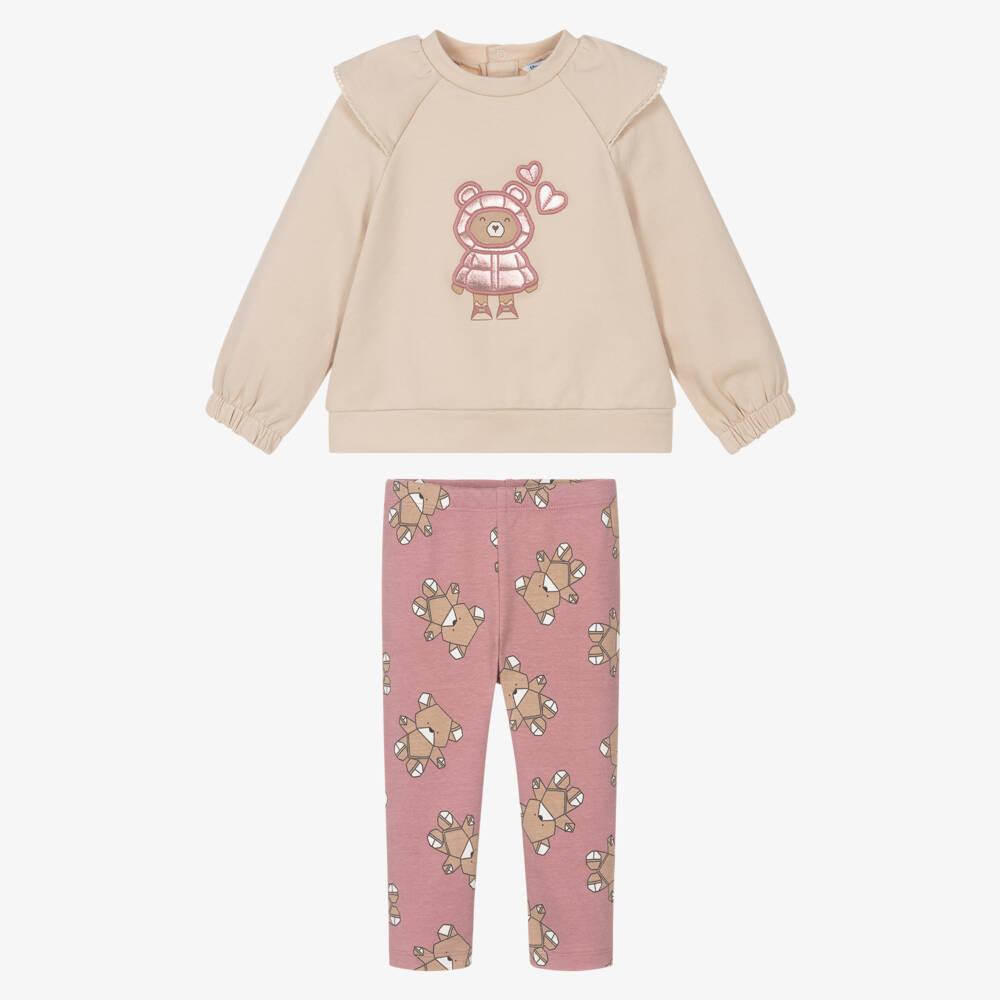 Mayoral-Girls Beige & Pink Cotton Teddy Bear Leggings Set | Childrensalon Outlet