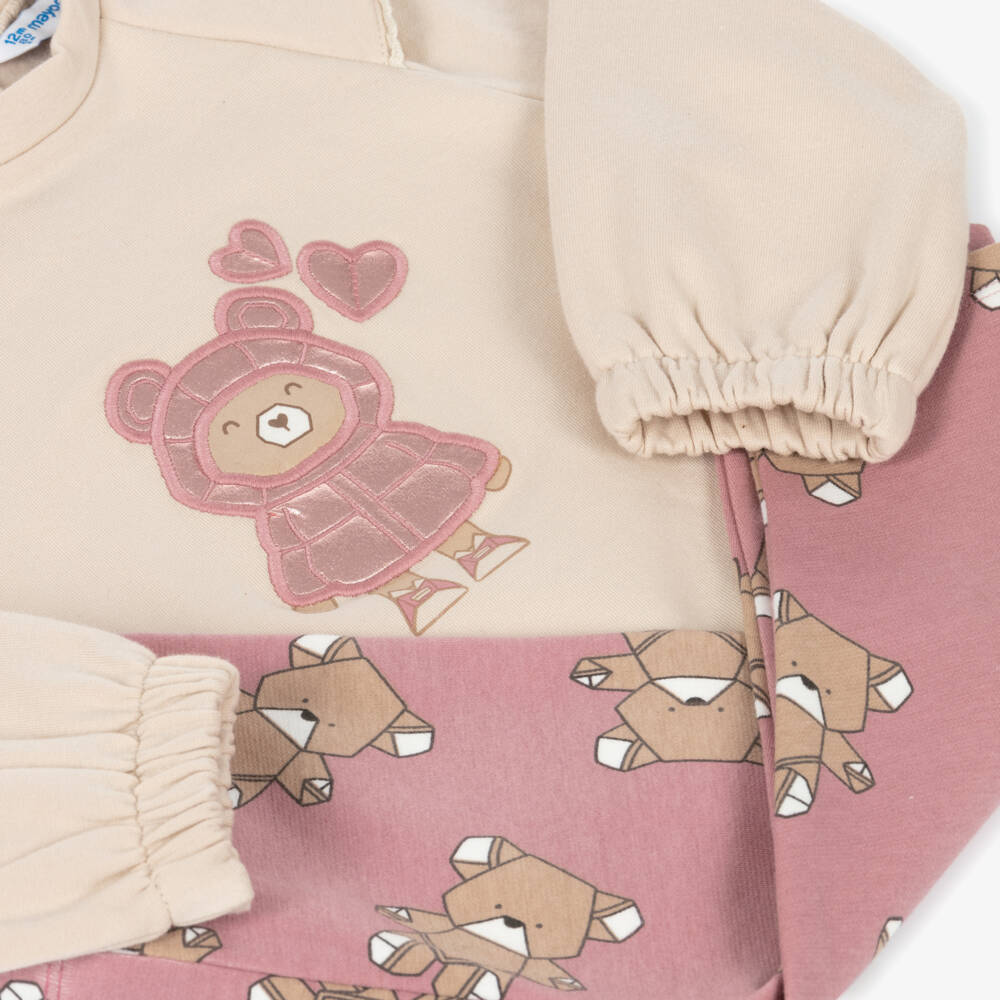 Mayoral-Girls Beige & Pink Cotton Teddy Bear Leggings Set | Childrensalon Outlet