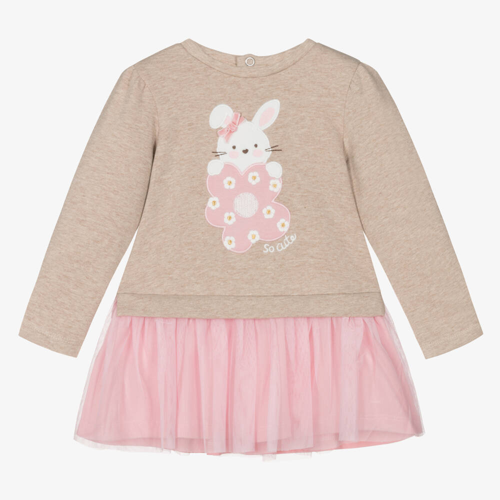 Mayoral - Girls Beige & Pink Cotton & Tulle Dress | Childrensalon
