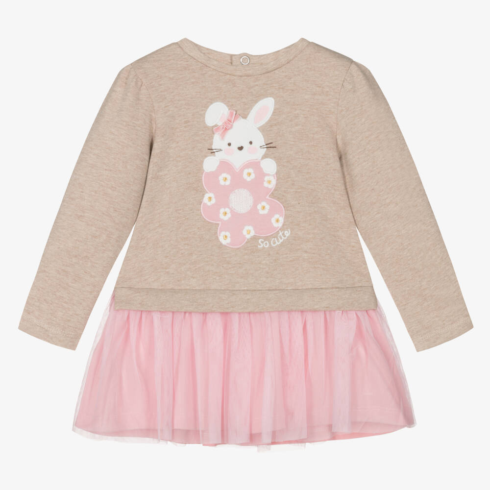 Mayoral-Girls Beige & Pink Cotton & Tulle Dress | Childrensalon Outlet