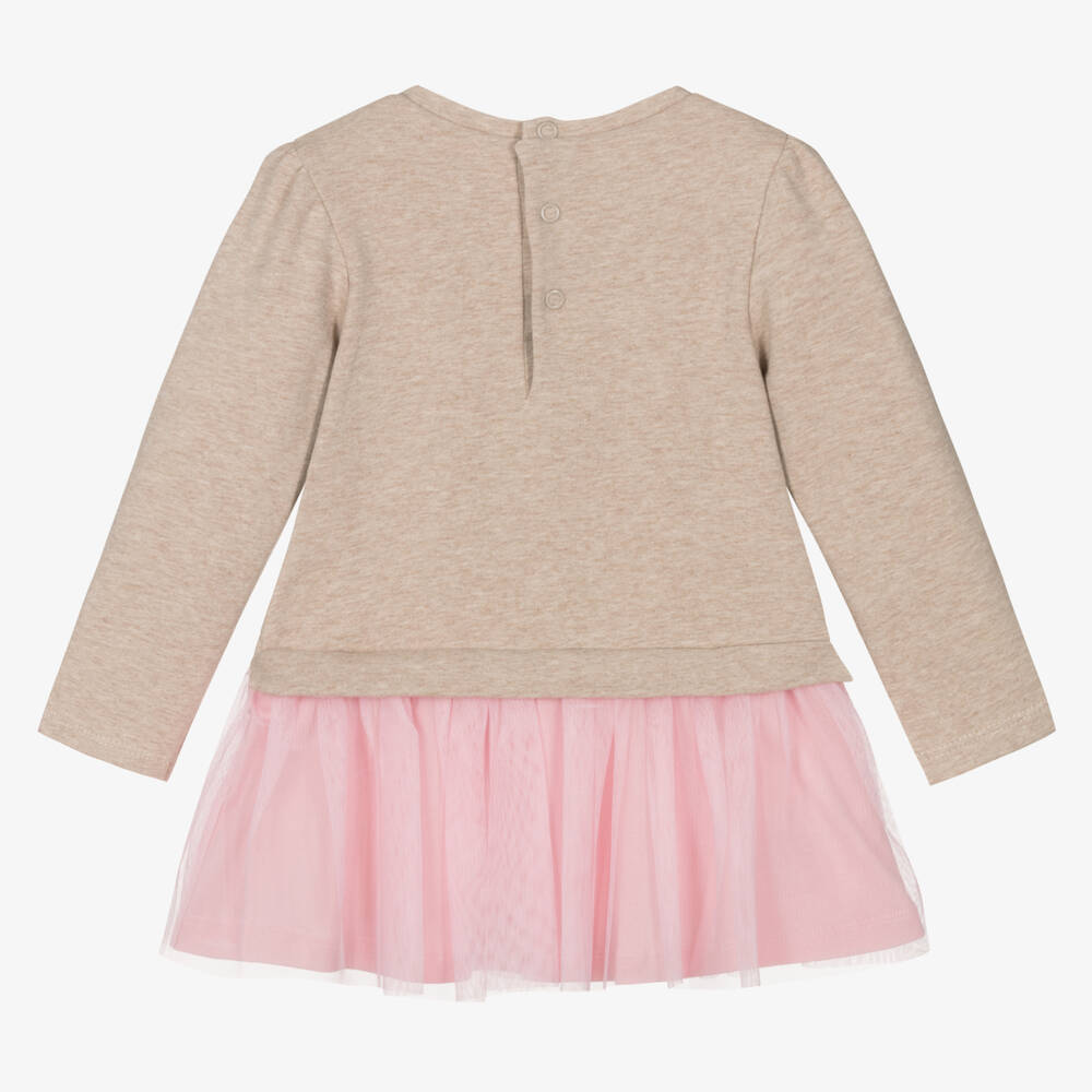 Mayoral-Бежево-розовое платье из хлопка и тюля | Childrensalon Outlet