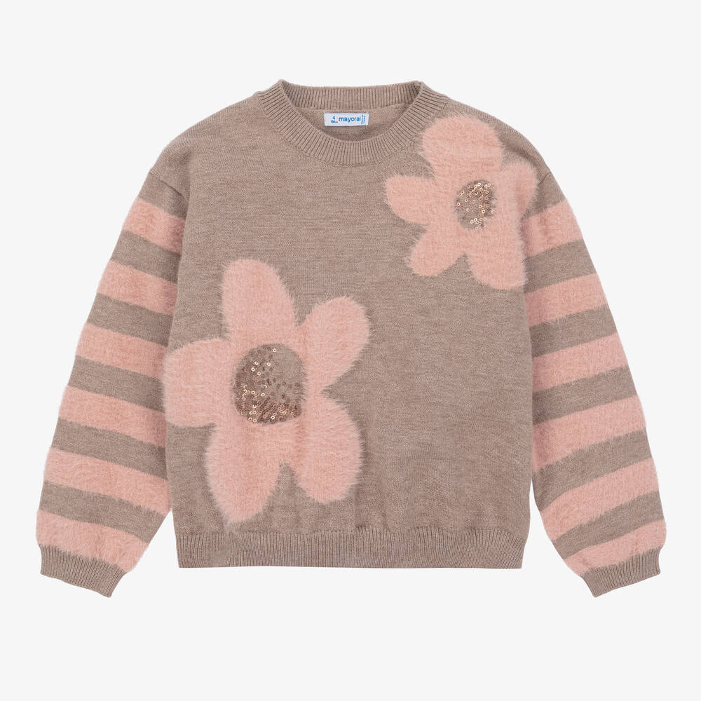 Mayoral - Girls Beige & Pink Knitted Flower Sweater | Childrensalon