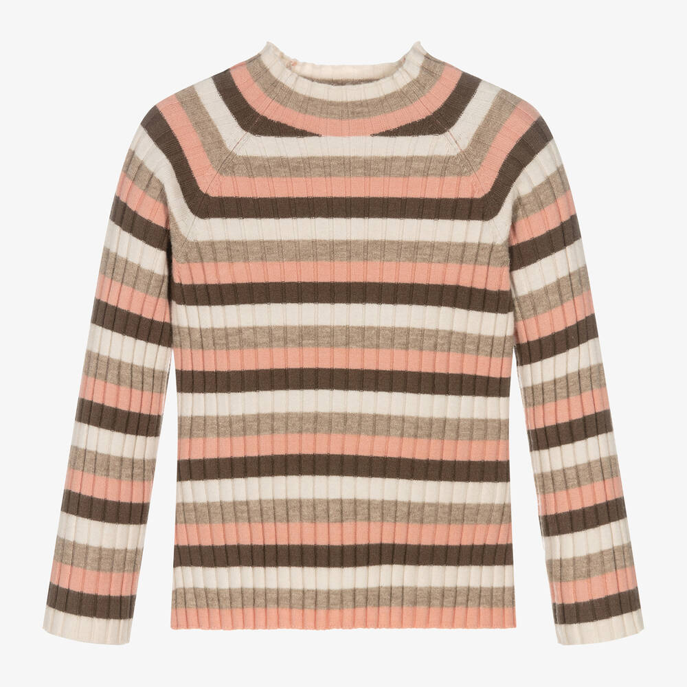 Mayoral - Girls Beige & Pink Stripe Ribbed Turtleneck Top | Childrensalon