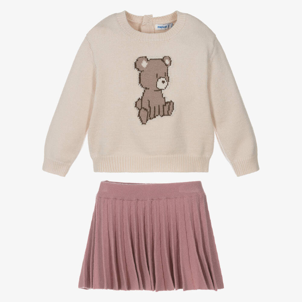 Mayoral-Girls Beige & Pink Teddy Bear Knitted Skirt Set | Childrensalon Outlet