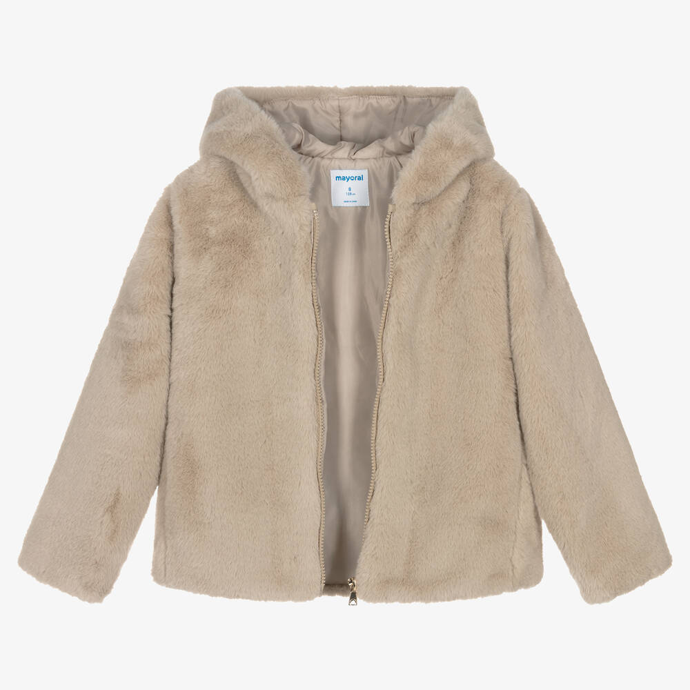 Mayoral-Girls Beige Plush Faux Fur Jacket | Childrensalon Outlet