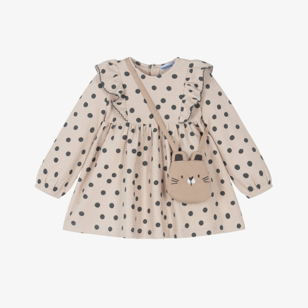 Mayoral-Girls Beige Polka Dot Dress & Bag Set | Childrensalon Outlet