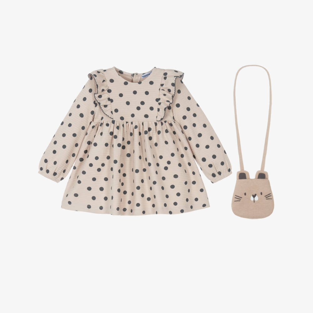 Mayoral-Girls Beige Polka Dot Dress & Bag Set | Childrensalon Outlet