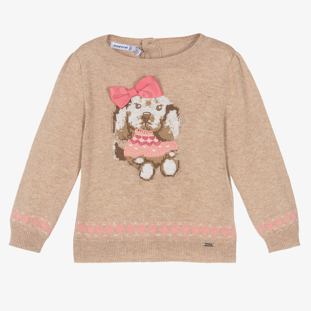 Mayoral - Girls Beige Puppy Wool Sweater | Childrensalon
