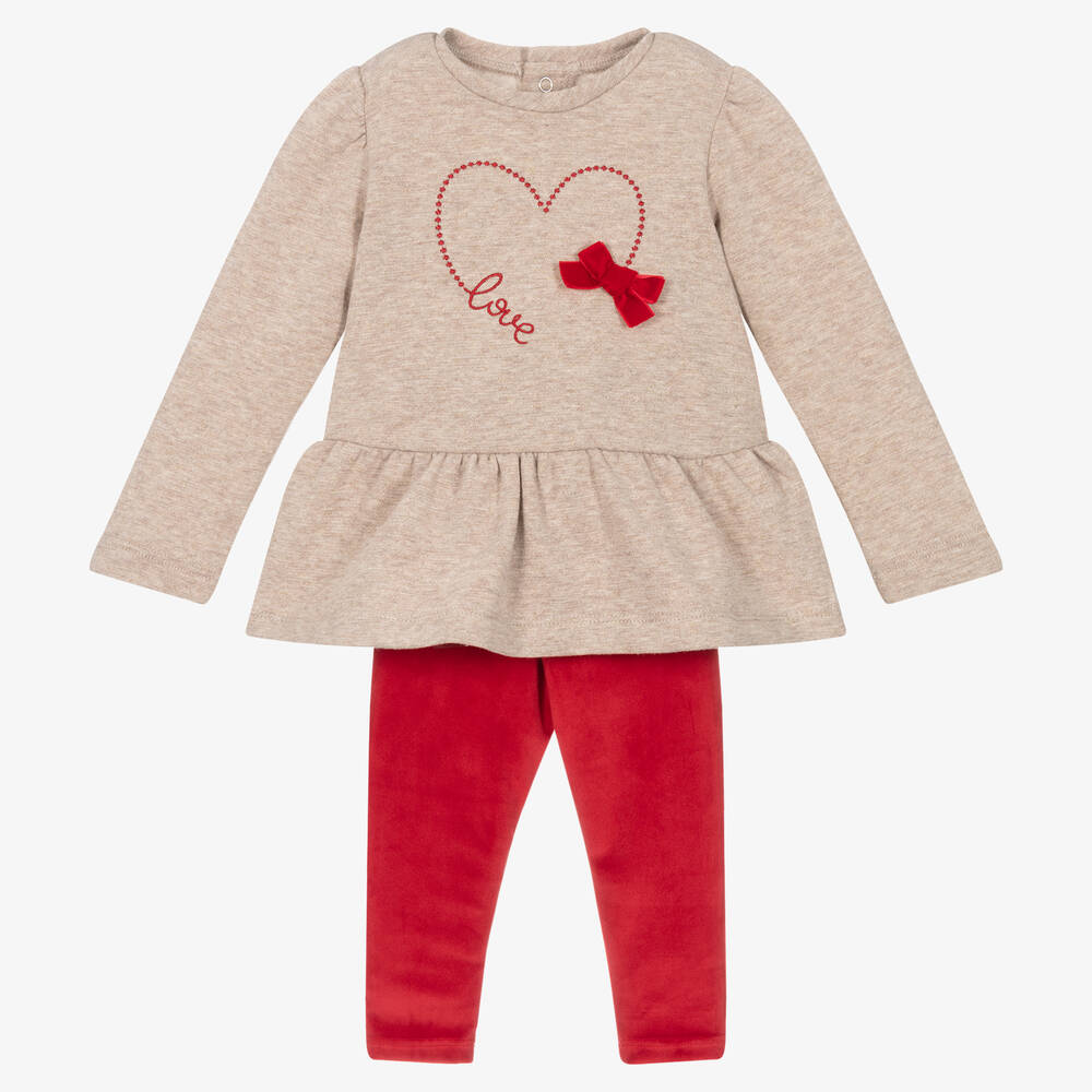 Mayoral - Girls Beige & Red Heart Leggings Set | Childrensalon