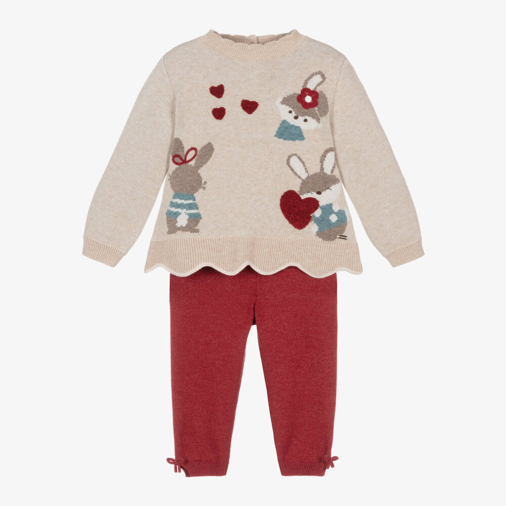 Mayoral-Girls Beige & Red Knit Outfit | Childrensalon Outlet