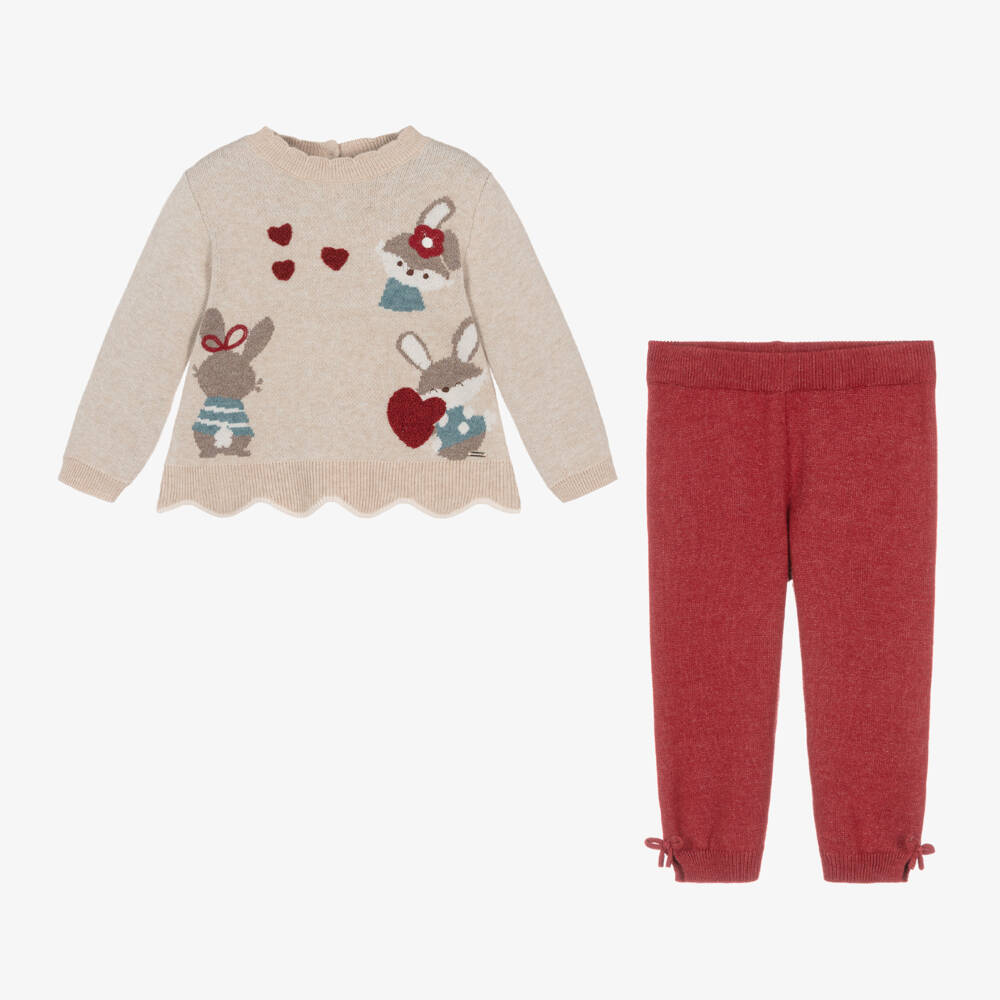 Mayoral-Girls Beige & Red Knit Outfit | Childrensalon Outlet