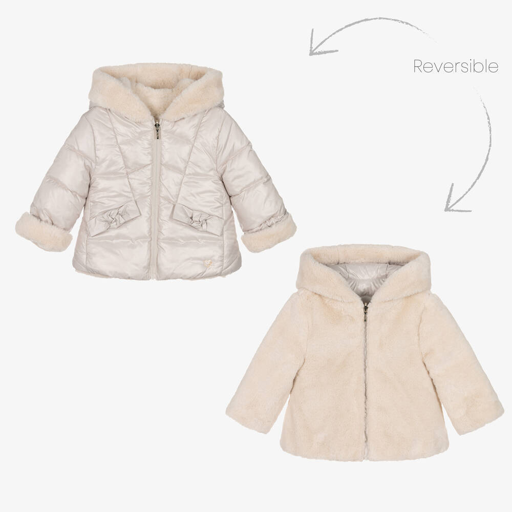 Mayoral-Girls Beige Reversible Faux Fur Coat | Childrensalon Outlet
