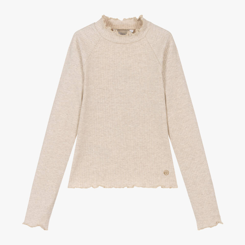 Mayoral-Girls Beige Ribbed Roll Neck Top | Childrensalon Outlet