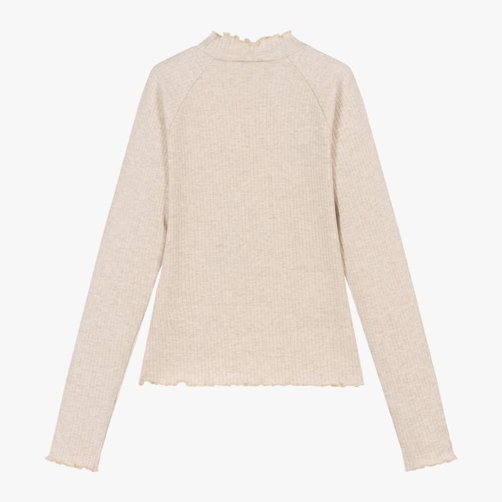 Mayoral-Girls Beige Ribbed Roll Neck Top | Childrensalon Outlet