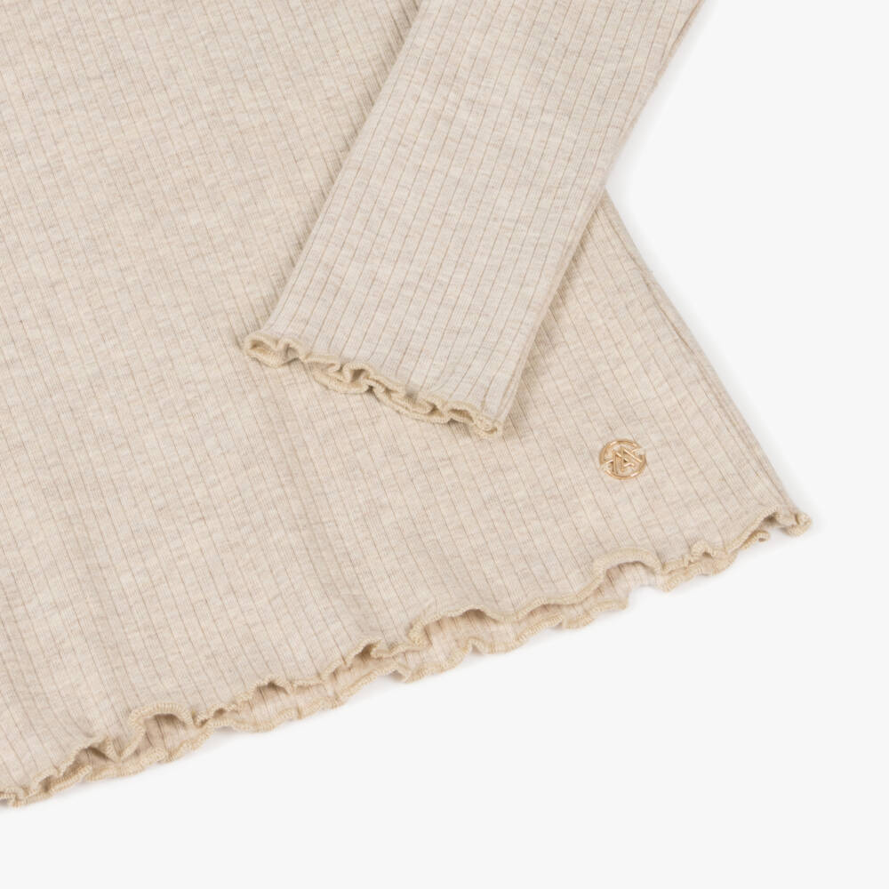 Mayoral-Girls Beige Ribbed Roll Neck Top | Childrensalon Outlet