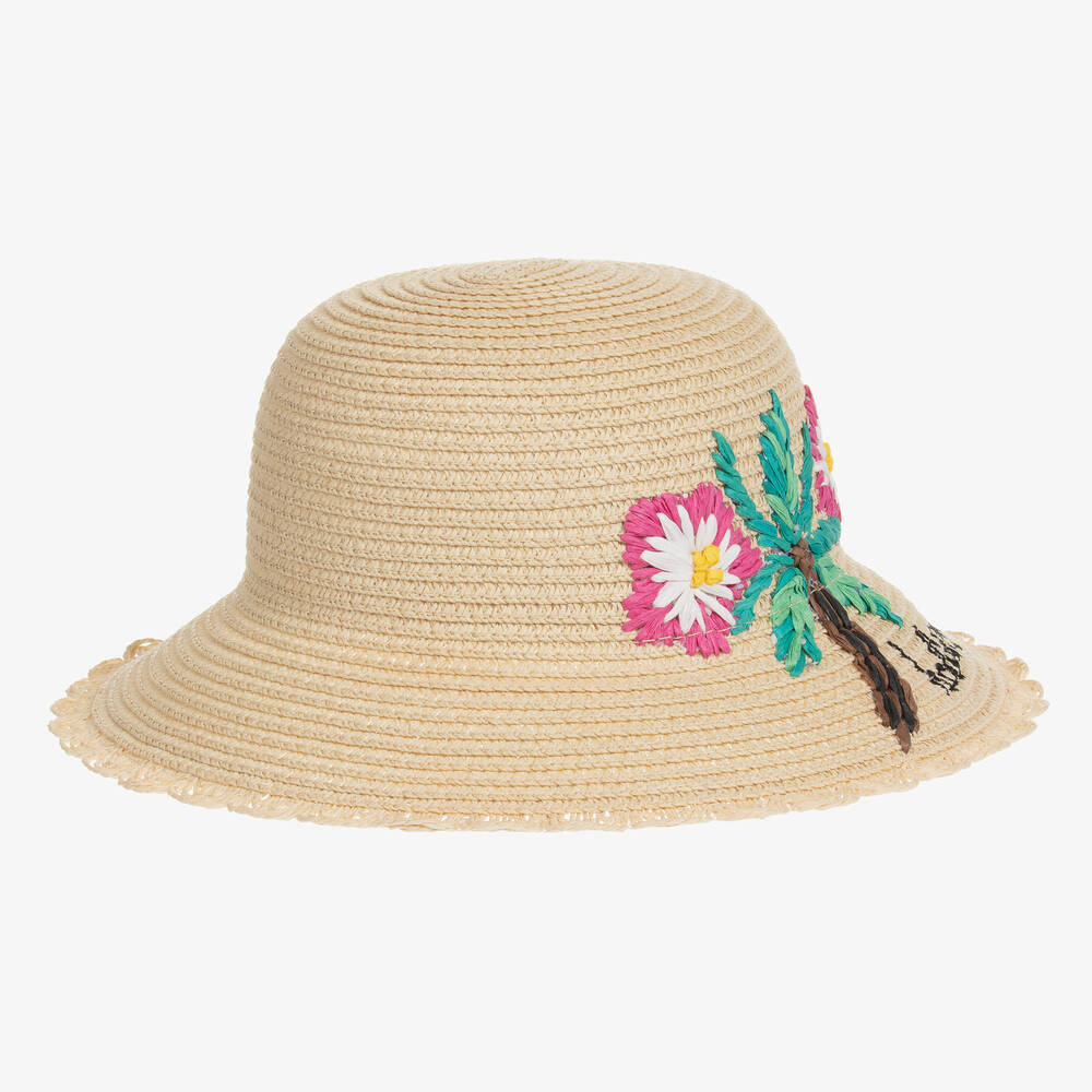 Mayoral - Girls Beige Straw Embroidered Hat | Childrensalon