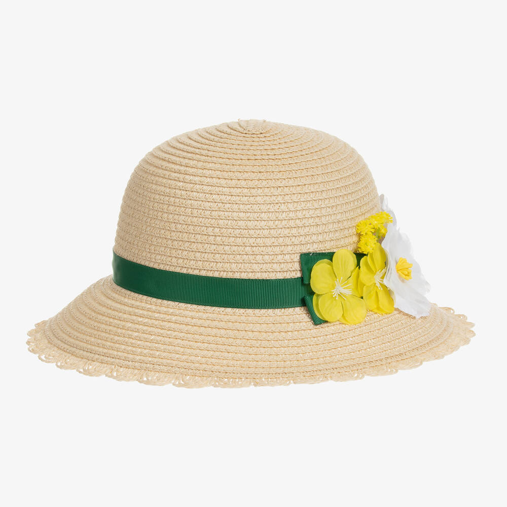 Mayoral - Girls Beige Straw Floral Appliqué Hat | Childrensalon