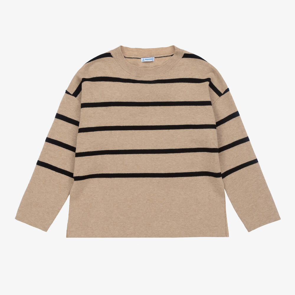 Mayoral - Girls Beige Stripe Knit Viscose Sweater | Childrensalon