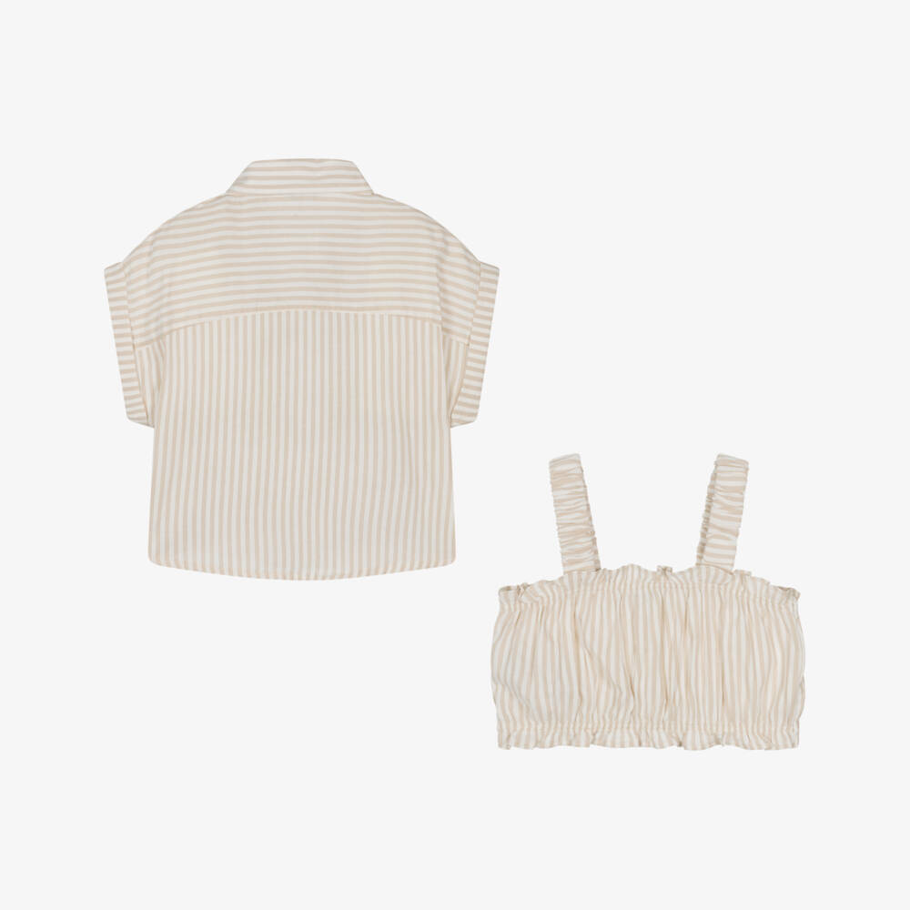 Mayoral-Girls Beige Striped Blouse Duo | Childrensalon Outlet