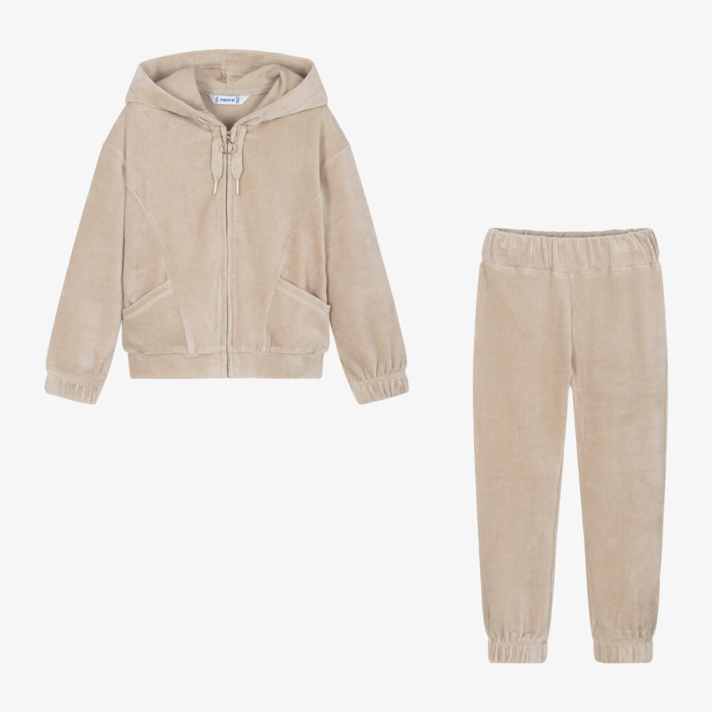 Mayoral-Girls Beige Velour Set | Childrensalon Outlet