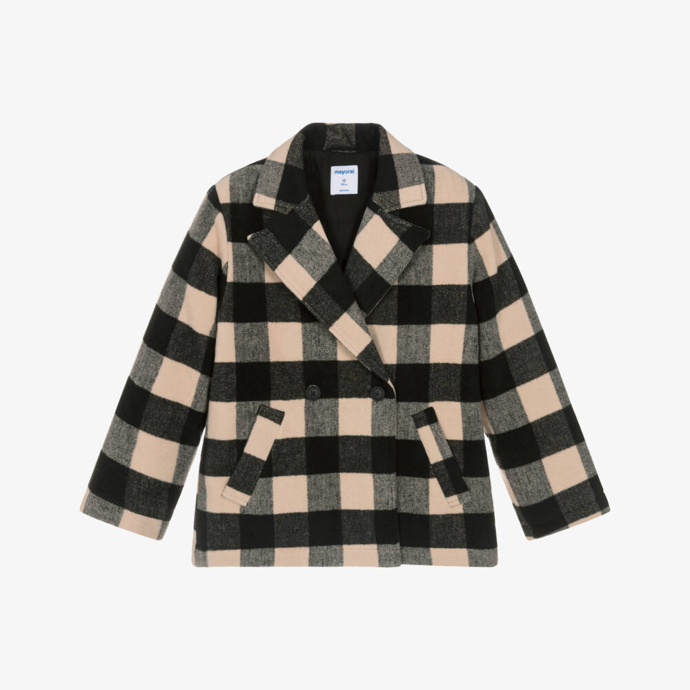 Mayoral-Girls Black & Beige Checked Coat | Childrensalon Outlet