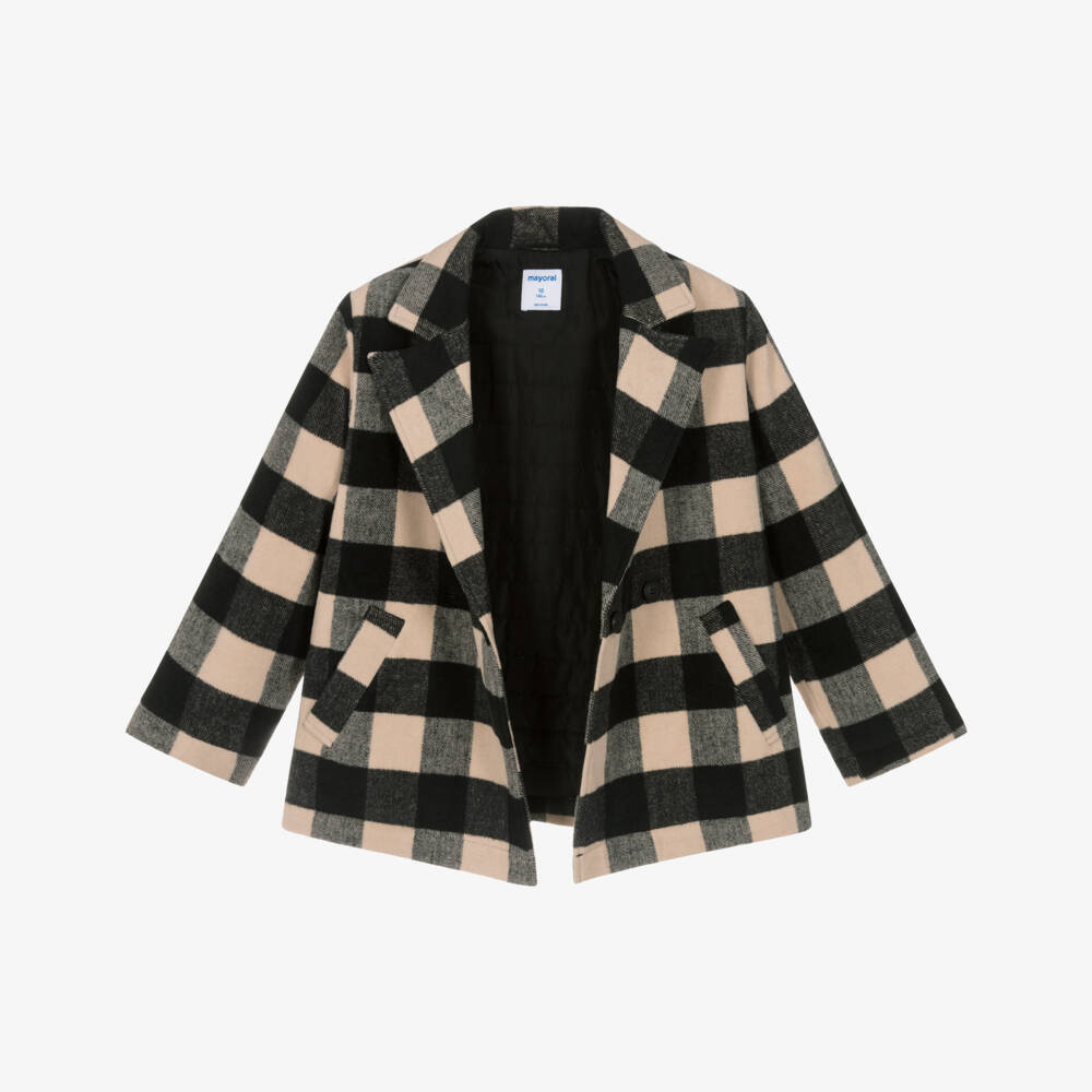 Mayoral-Girls Black & Beige Checked Coat | Childrensalon Outlet