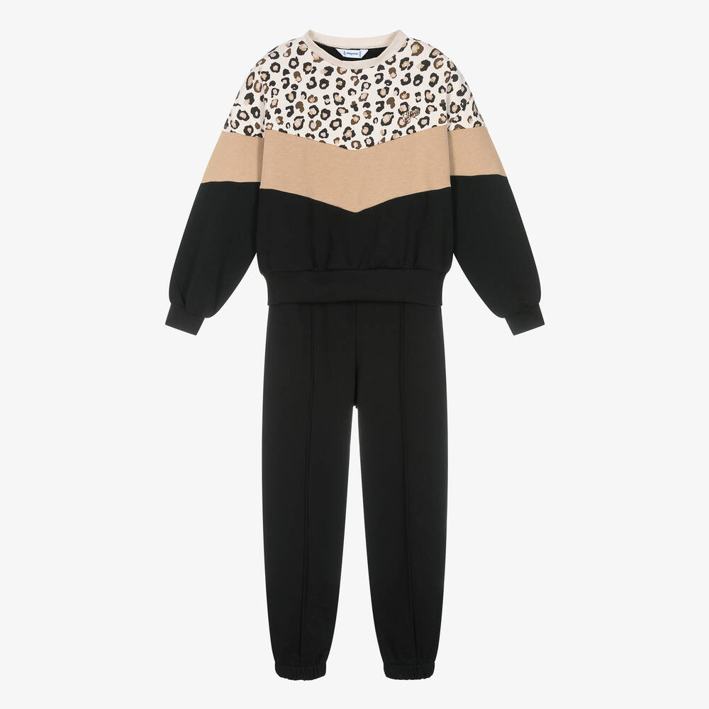 Mayoral - Girls Black & Beige Leopard Print Tracksuit | Childrensalon