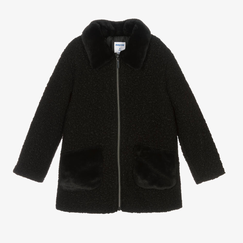 Mayoral - Girls Black Bouclé Coat | Childrensalon