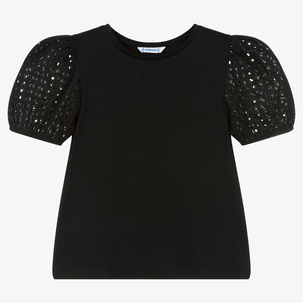 Mayoral - Girls Black Cotton Puff Sleeve T-Shirt | Childrensalon