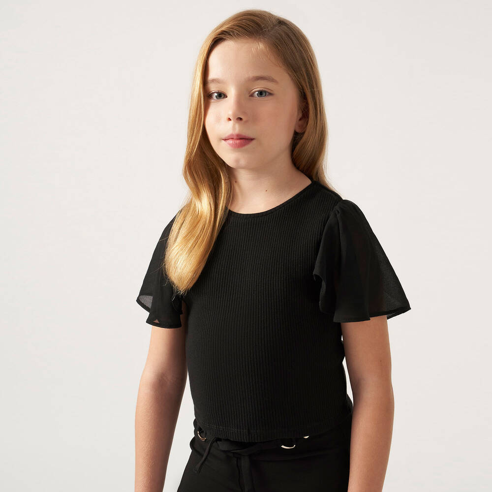 Mayoral-Girls Black Cotton Rib T-Shirt | Childrensalon Outlet