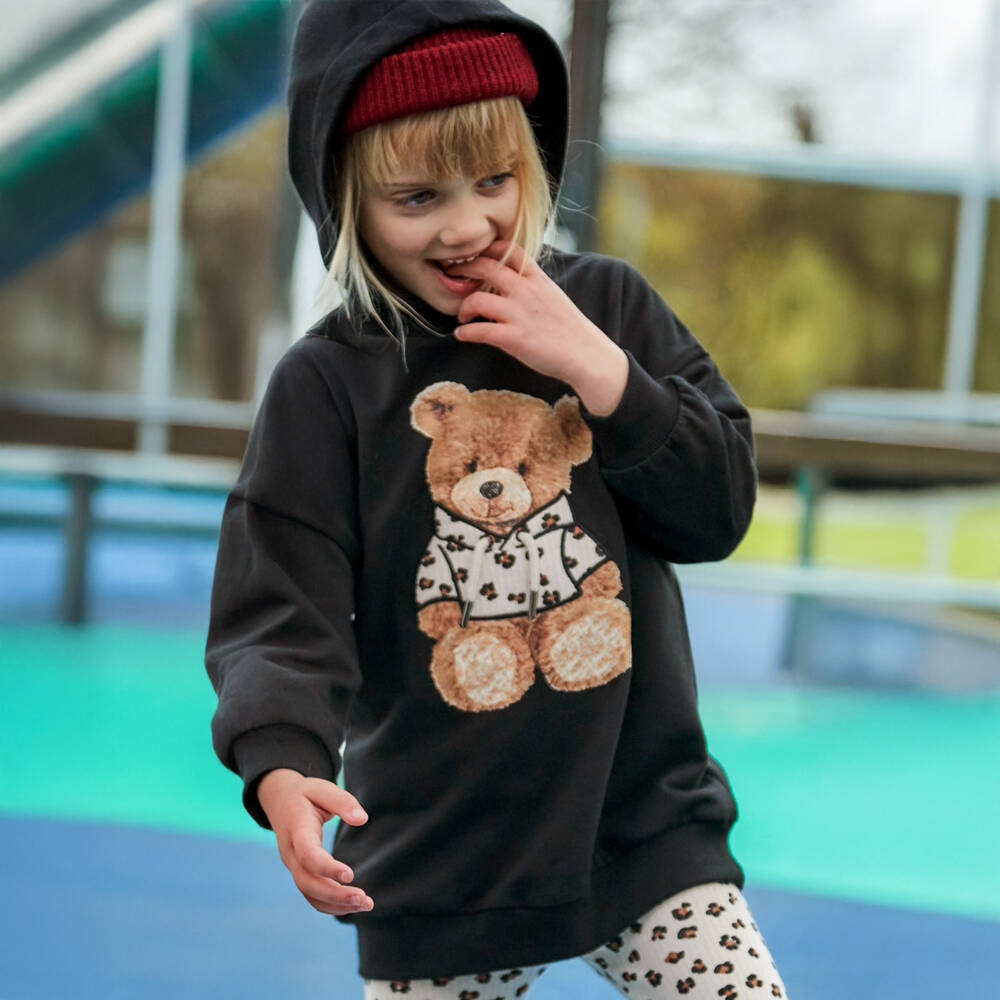 Mayoral-Girls Black Cotton Teddy Bear Hoodie Dress | Childrensalon Outlet