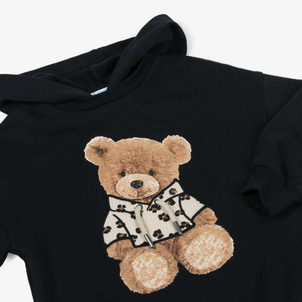 Mayoral-Girls Black Cotton Teddy Bear Hoodie Dress | Childrensalon Outlet