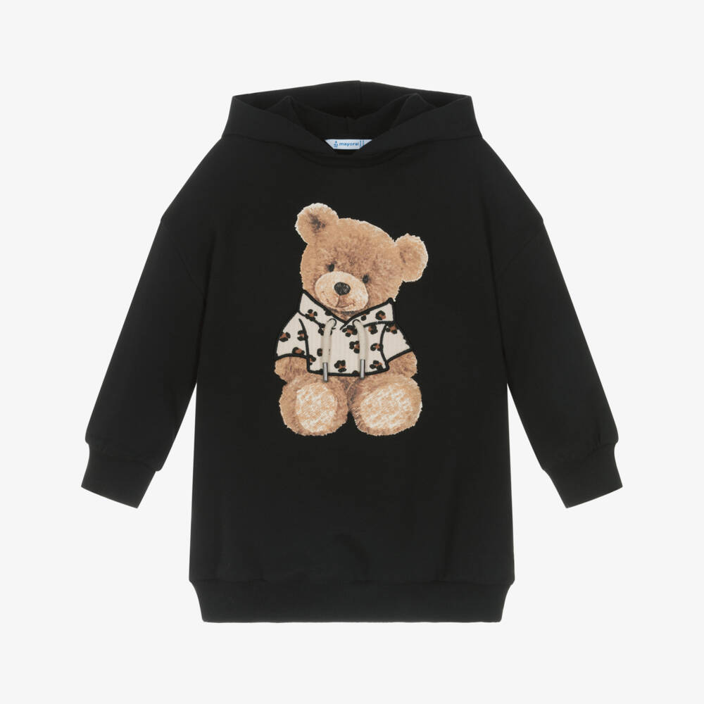 Mayoral-Girls Black Cotton Teddy Bear Hoodie Dress | Childrensalon Outlet